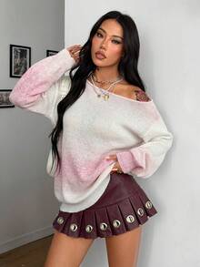 Coolane Áo len họa tiết sọc rộng rãi thoải mái, phong cách đường phố, cổ điển, hở vai, dành cho nữ mùa thu - Hồng - Xem 3