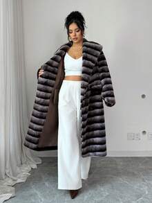 Rafferiza Fashionable Oversized Striped Collar Long Faux Fur Coat, Autumn/Winter Coat Fur Coat Women Winter - Brown - View 7