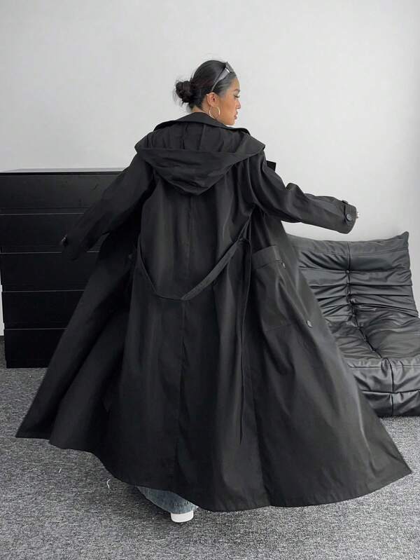 POPSWAY Plus Size New Elegant Baggy Autumn Maxi Vintage Classic Double-Breasted Pocket Lapel Collar Long Sleeve Windbreaker Long Coat For Women, With Cinched Waist, Japanese Style Fall Winter Cloth For Women