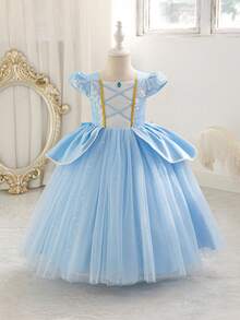 Glamorique Kids Váy dài tay màu xanh thanh lịch cho bé gái, váy công chúa cosplay bằng vải tuyn màu xám - Màu xanh lam - Xem 1