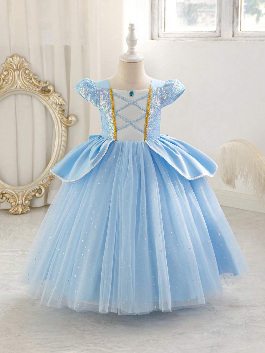 Glamorique Kids Váy dài tay màu xanh thanh lịch cho bé gái, váy công chúa cosplay bằng vải tuyn màu xám - Màu xanh lam - Xem 1