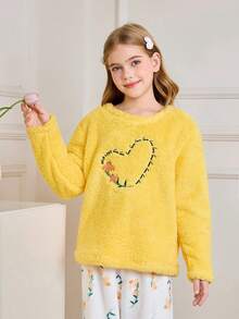 SHEIN Soft & Cozy Heart Flower Embroidered Girls Plush Pajamas - Yellow - View 4