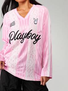 Missguided x Playboy Maglia da calcio con pannello in pizzo, scollo a V, manica lunga, stile sportivo. Maglia da calcio chic e sportiva per la Coppa del Mondo 2026, stile streetwear da tifoso - Rosa Baby - Visualizzare 5