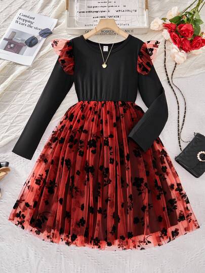 SHEIN Vestido de malla floral con mangas cortas elegante y femenino para vacaciones