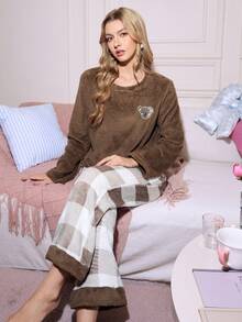 SweetSlumber Women's Crew Neck Long Sleeve Warm Loose Pajama Set , Fluffy Cozy Winter Clothes - Brown - View 6
