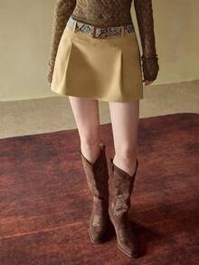 MOTF STUDIO SOLID FOLD PLEATED SKORT WITH SNAKESKIN PRINT BELT , FALL WINTER - Yellow - View 3