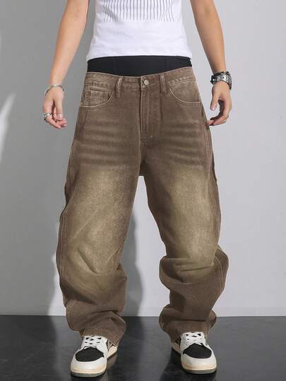 Manfinity EMRG Men's Plus Size Casual Washed Vintage  Brown Denim Loose Baggy  Jeans Men Khaki Jeans