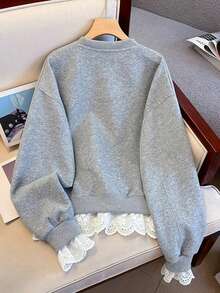 SHEIN Women's Bow Embroidery Contrast Color Patchwork Sweatshirt - Light Grey - View 2