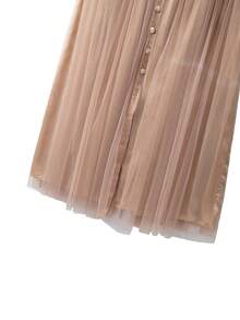 GlowEve CURVE 大码女式优雅网纱拼接纽扣装饰休闲通勤半身裙，秋季女装，俱乐部派对优雅长裙 - 棕色 - 查看 6