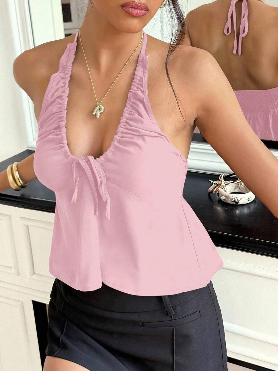 Chiquease Áo yếm hở vai thắt nơ có dây rút cổ chữ V sâu dáng chữ A thanh lịch gợi cảm sang trọng dành cho nữ - Hồng - Xem 1