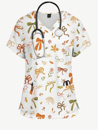 PopScrub 女士秋季蝴蝶树叶卡通印花V领短袖时尚手术服上衣