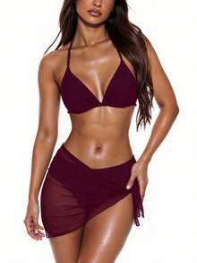 Swim Vcay 3-Piece Women Set: Solid Color Halter Tie Back Crop Top, Triangle Bikini Bottom, And Sheer Wrap Skirt For Summer Beach Vacation