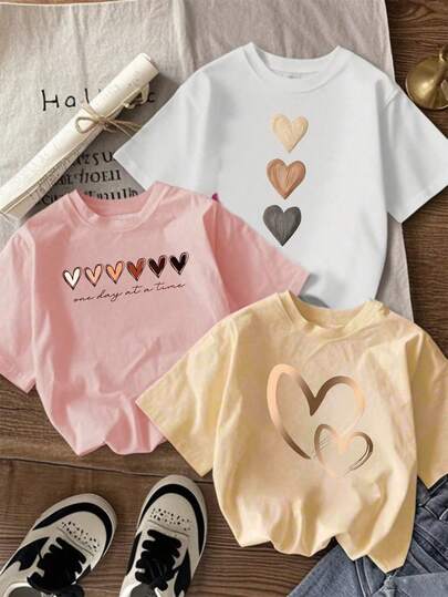 3pcs/Set Girls Casual Cute Letter & Heart Graphic Round Neck Short Sleeve T-Shirt, Suitable For Girls Daily, School, Outing, Holiday Stylish Outfit