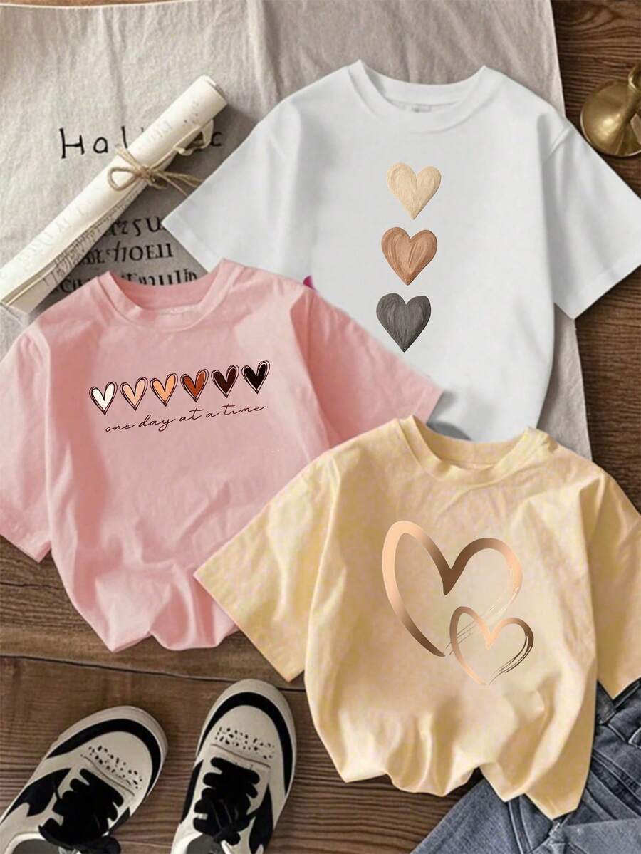 3 sztuki/zestaw młodzieżowy T-shirt z krótkim rękawem i okrągłym dekoltem, z napisem i serduszkiem, idealny na co dzień, do szkoły, na wycieczkę i na święta