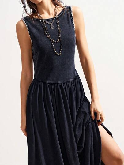 Bohemela BOHO Hollow Out Backless Casual Washed Solid Color Knit Sleeveless Midi Dress For Women, Suitable For Summer, Vacation, Party, New Year, Valentine's Day, Music Festival