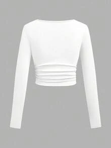 Tseoso 3 件女式休闲方领褶皱腰不对称下摆长袖 T 恤套装，蝴蝶结，百搭百搭，秋冬，95% 纯棉，优雅，复古，可爱，复古，休闲修身女式，Vint - 彩色 - 查看 9