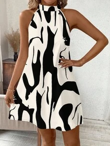 SHEIN Clasi Women's Printed Halter Sleeveless Tight Mini Dress, Black And White Geometric Pattern, Elegant. Suitable For Daily Wear, Summer Outfits, Casual Dresses, Vacation, Bohemia Style, Going Out, Teacher, Ba Chic Dress Midi Dress Summer Dress Halter Neck Dress Abstract Print Dress Graphic Print Dress - Multicolor - View 4