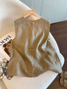 Franclia Damen Metall Dekor Rundhals Lässig Loose Tank Top - Khaki - Übersicht 2