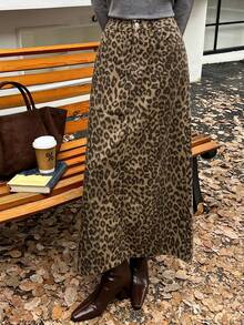 DAZY 女士休闲豹纹牛仔迷你裙，秋季款 - 卡其色 - 查看 4