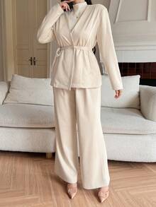 DAZY 2pcs Solid Color Loose Long Sleeve V-Neck Belted Suede Jacket And Wide Leg Pants Casual Elegant Formal Suit, Autumn/Winter - Apricot - View 3