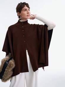 SHEIN Stylify Áo len cardigan dệt kim dáng rộng cổ cao cài nút hai lớp thời trang Hàn Quốc cao cấp thanh lịch mùa thu/đông - Cà phê nâu - Xem 8
