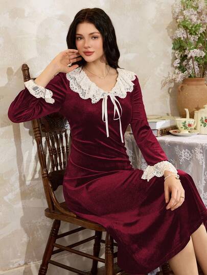 Côtesoire 女士法式优雅浪漫撞色蕾丝荷叶边天鹅绒睡袍，冬季