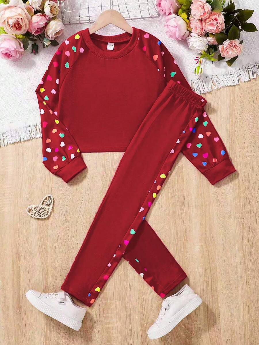 SHEIN 2pcs/Set Sweatshirt + Legging Motif Hati & Bunga Kecil untuk Anak Perempuan Remaja - Merah - View 1