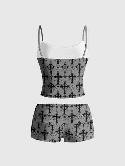 Goth Sexy Gothic Dark Cross Vine Lace Trim Camisole And Shorts Set For Women