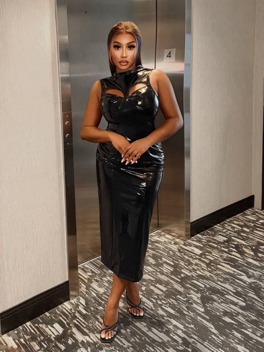 BamGleam Women's Fashionable Sexy Solid Color Hollow Out Sleeveless Dress - Black - View 1