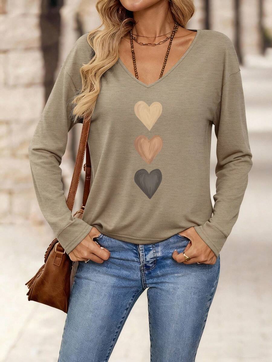 SHEIN LUNE Áo thun nữ tay dài cổ chữ V họa tiết trái tim đơn giản, giản dị, phù hợp cho mùa thu/đông, đầu thu - Màu Khaki - Xem 1