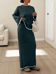 EURMUSE Women Stitch Detailed Round Neck Drop Shoulder Pullover & Sweater Skirt Set - Dark Green - View 6