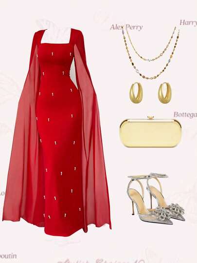 Rafferiza French Elegant Daily Party Event Fitted Rhinestone Luxurious Shawl Collar Chiffon Sheer Knitted Stretchy Red Women Dress, Maxi Mermaid Gown For Autumn/Winter Fall Cloth For Women