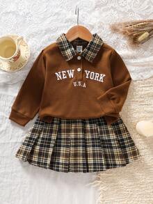 Baby/Toddler Unisex 0-3Y Vintage Style Collared Long Sleeve Top With Letter Embroidery, Paired With Plaid Skirt Set, Suitable For Casual Outings, Family Gatherings, Photo Shoots, Holiday Parties - Brown - View 1