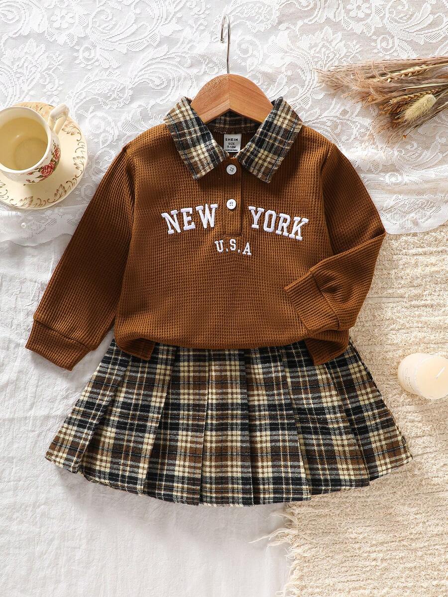 Baby/Toddler Unisex 0-3Y Vintage Style Collared Long Sleeve Top With Letter Embroidery, Paired With Plaid Skirt Set, Suitable For Casual Outings, Family Gatherings, Photo Shoots, Holiday Parties - Brown - View 1