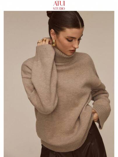 ATUI Studio Damen einfarbiger Pullover mit hohem Kragen, Dropped Shoulder und Langarm für Lässig und Outdoor, Herbst/Winter