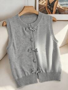 Franclia 大码纯色无袖背心，中国风手工纽扣短款法式休闲圆领灰色开衫毛衣，适合春、夏、秋、冬四季穿着。 - 灰色 - 查看 1