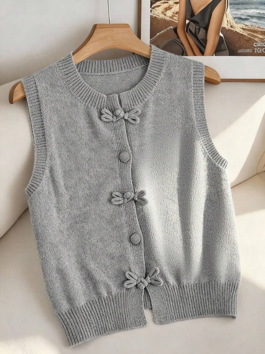Franclia 大码纯色无袖背心，中国风手工纽扣短款法式休闲圆领灰色开衫毛衣，适合春、夏、秋、冬四季穿着。 - 灰色 - 查看 1