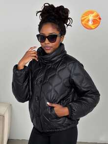 SHEIN Teen GirlCasual All-Match Versatile Quilted Stand Collar Warm Padded Coat, Suitable For Daily Commute, Autumn/Winter - Black - View 1