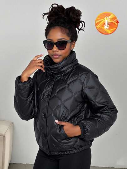 SHEIN TonårsflickaLedig All-Match Mångsidig Quilted Stand Collar Varm Vadderad Kappa, Lämplig För Daglig Pendling, Höst/Vinter