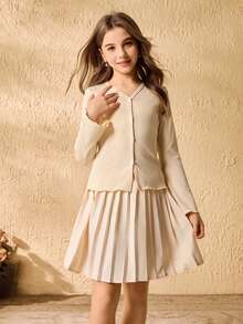 Girls' Elegant Minimalist Fashion Daily V-Neck Long Sleeve Fitted Solid Color Cardigan Paired With High Waist Short Pleated Solid Color Skirt Set, Autumn/Winter - Khaki - View 1