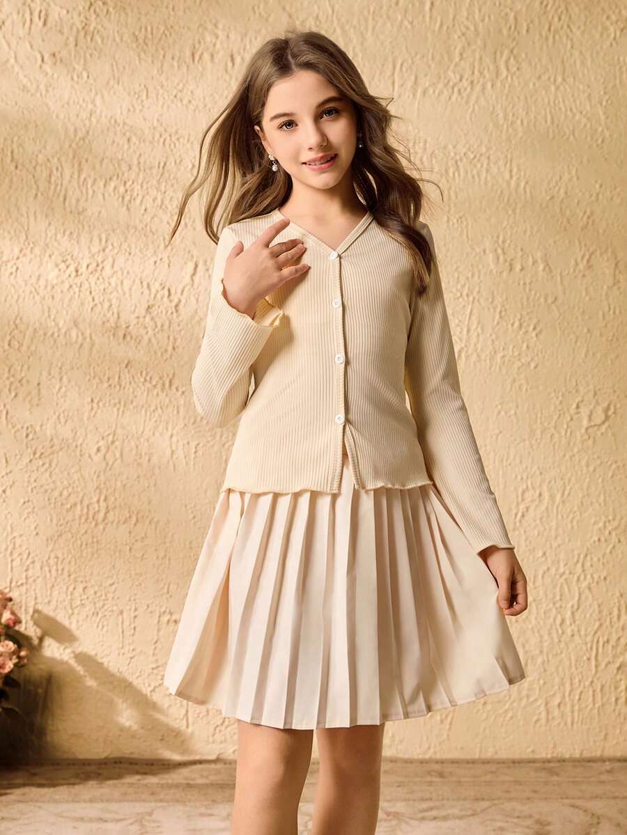 Girls' Elegant Minimalist Fashion Daily V-Neck Long Sleeve Fitted Solid Color Cardigan Paired With High Waist Short Pleated Solid Color Skirt Set, Autumn/Winter - Khaki - View 1