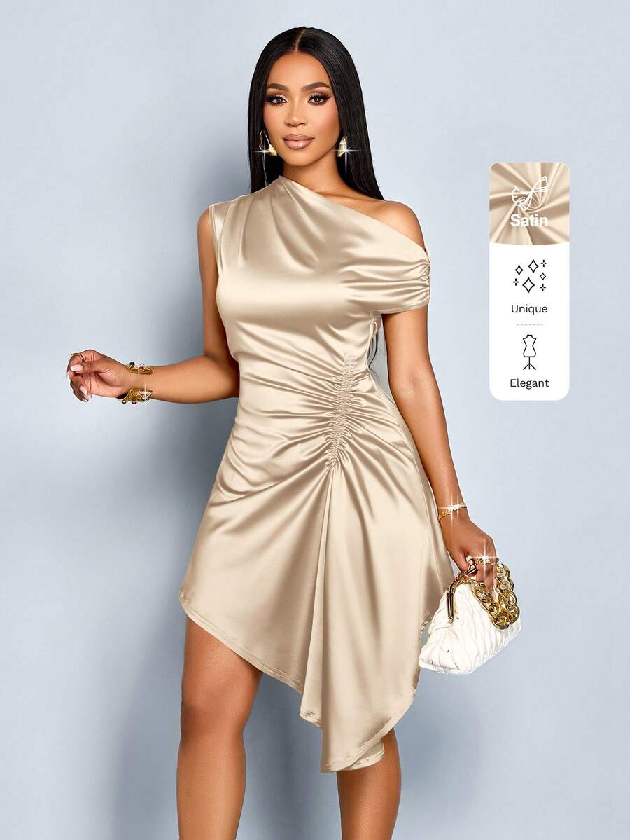 SOLERSUN Women's Elegant Solid Color Asymmetric Collar Side Drawstring Ruched Fashion Satin Dress - Apricot - View 1