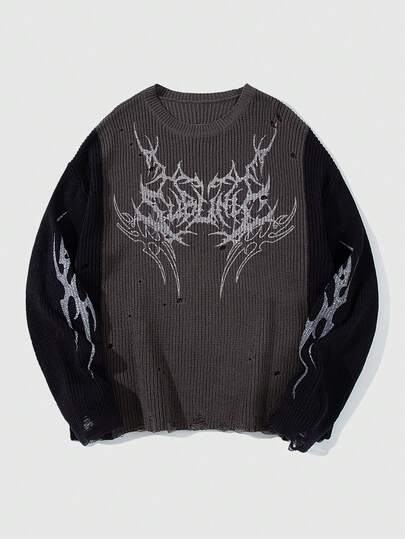 Street Life Jersey de cuello redondo casual para hombre con bloques de color, parches y desgaste, para otoño/invierno