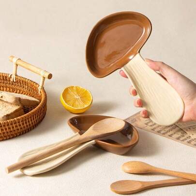 Joivida 1pc Ceramic Mushroom Shape Spoon Rest, Cute Mushroom Decor Spoon Holder Dish, Suitable For Cooking Spoon, Spatula, Kitchen Decor, Ceramic Tableware Stand, Warm Housewarming Gift