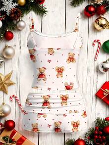 SHEIN EZwear 休闲性感家居风格圣诞新年熊圣诞老人礼物全身印花蕾丝吊带背心和褶皱短裤女式两件套，适合秋冬季、居家、派对 - 彩色 - 查看 3