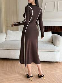 DAZY Women's Elegant Color Block Patchwork Sweater Dress, Autumn/Winter - Brown - View 2