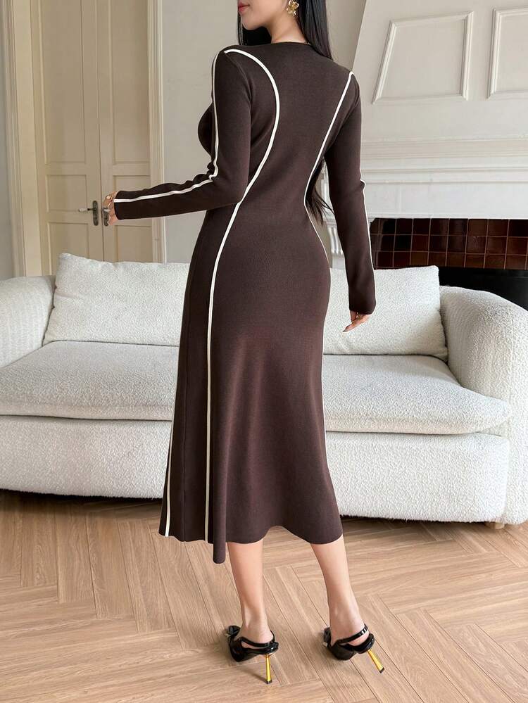 Women's Elegant Color Block Patchwork Sweater Dress, Autumn/Winter