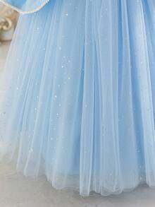 Glamorique Kids Váy dài tay màu xanh thanh lịch cho bé gái, váy công chúa cosplay bằng vải tuyn màu xám - Màu xanh lam - Xem 6