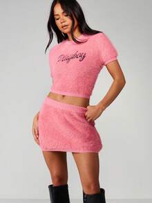 Missguided x Playboy Fuzzy Knit Cropped Top With Embroidered Script Text Short Sleeve Cozy Fall Sweater - Hot Pink - View 1