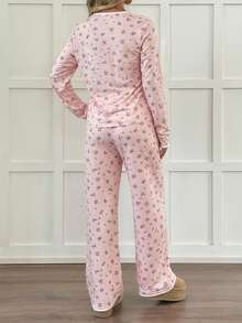 SHEIN 少女睡衣撞色包边缺口领口前系结家居服套装 - 粉色 - 查看 2